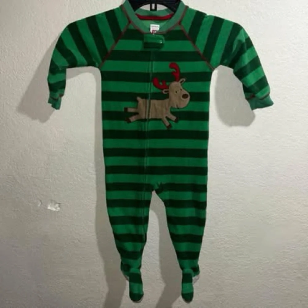 Carter's Green Striped Footie with Reindeer